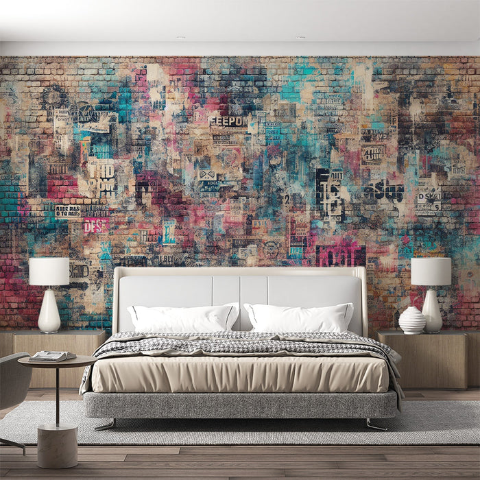 Street art Mural Wallpaper | Brick wall with colors and posters