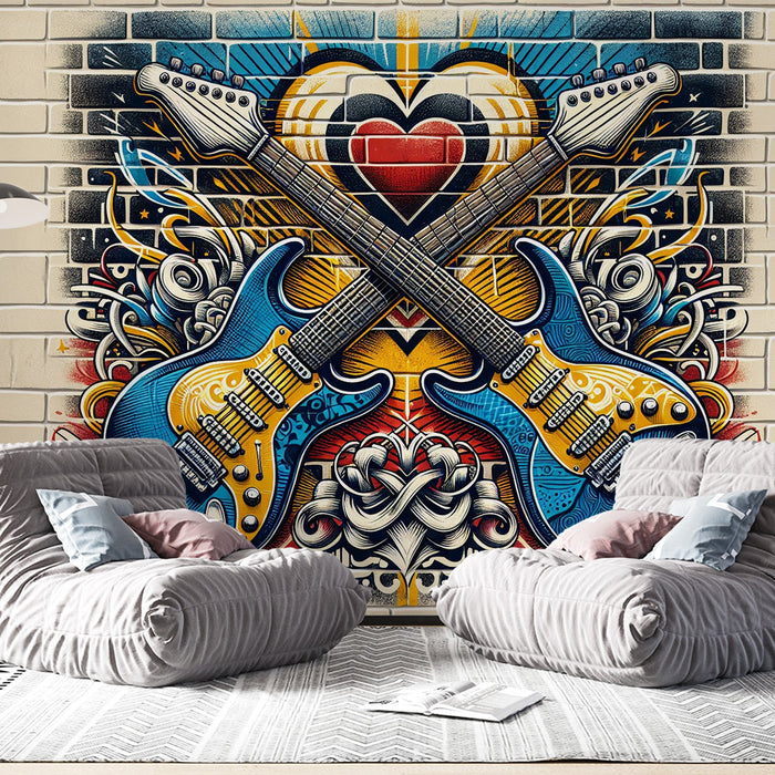 Street Art Mural Wallpaper | Beige Brick Wall with Rock and Roll Illustration