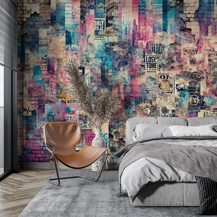 Street art Mural Wallpaper | Colorful brick wall with torn posters