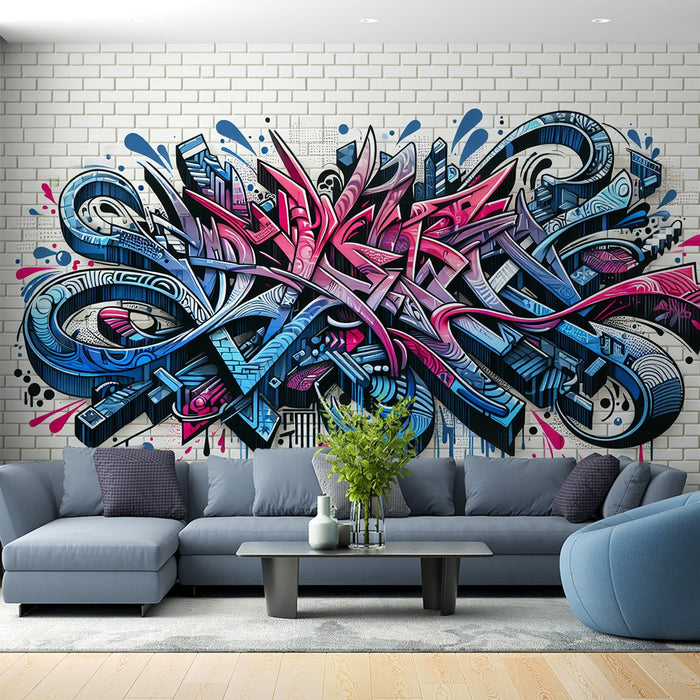 Street art Mural Wallpaper | White brick wall with blue and red graffiti