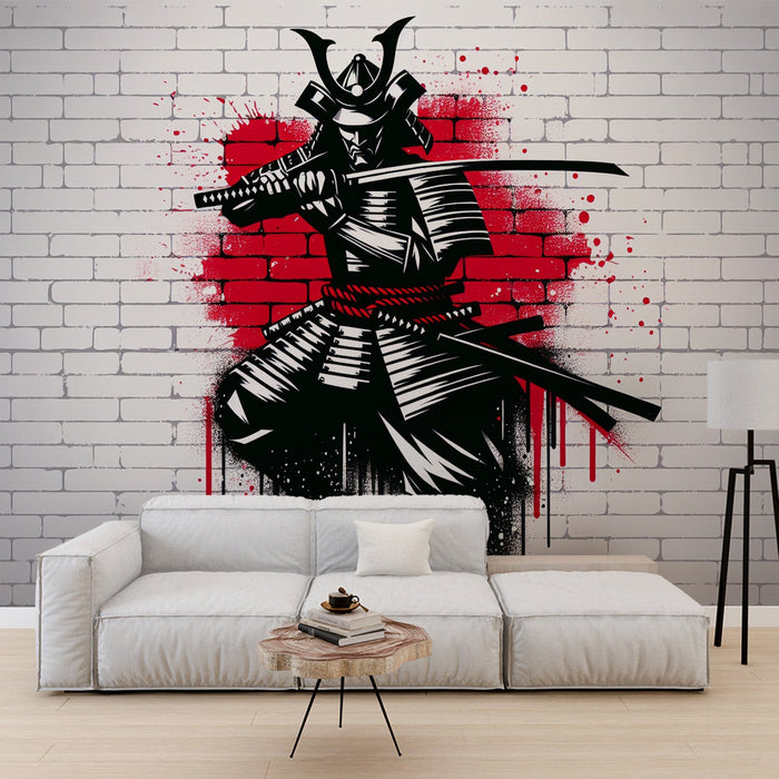 Street Art Mural Wallpaper | Red and Black Samurai Brick Wall