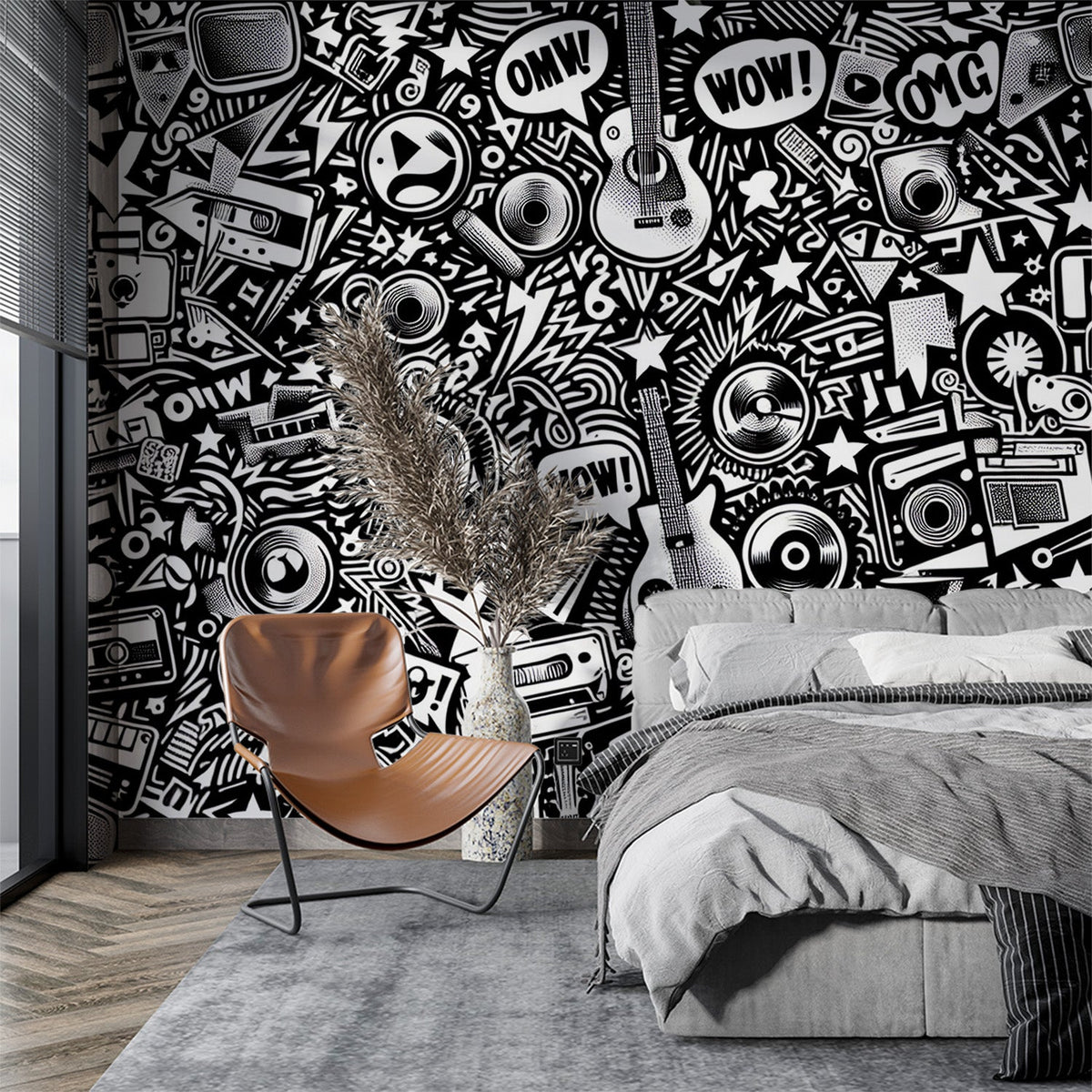 Carta da parati street art | Rock and roll in bianco e nero — WonderMural, image size:1200x1200