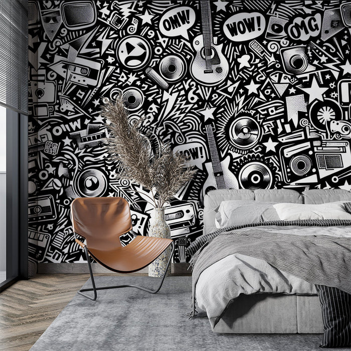 Street art Mural Wallpaper | Black and white rock and roll