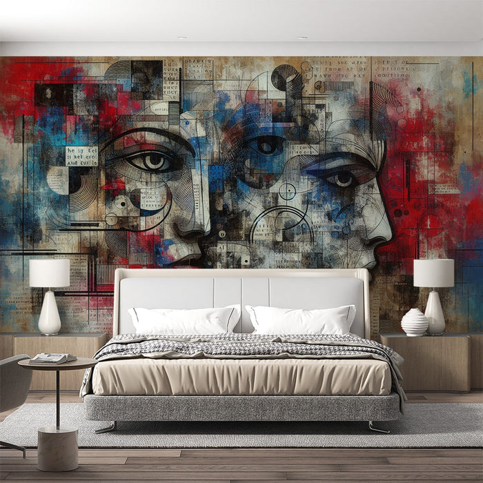 Street art Mural Wallpaper | Abstract face with red and blue colors