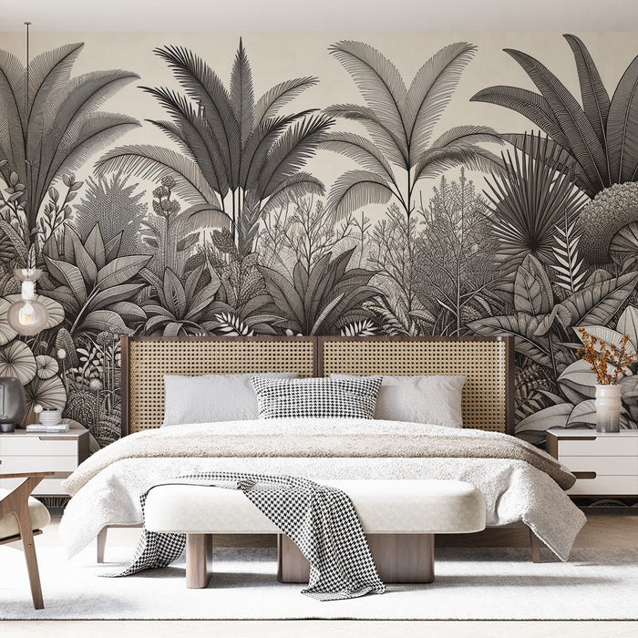 Papel de parede Mural Tropical | Diversidade botânica em tons de cinza com detalhes finos