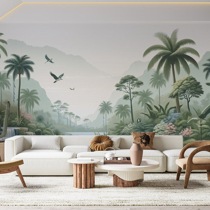 Tropical Mural Wallpaper | Palm Trees, Waterfalls, Cranes, and Monkeys
