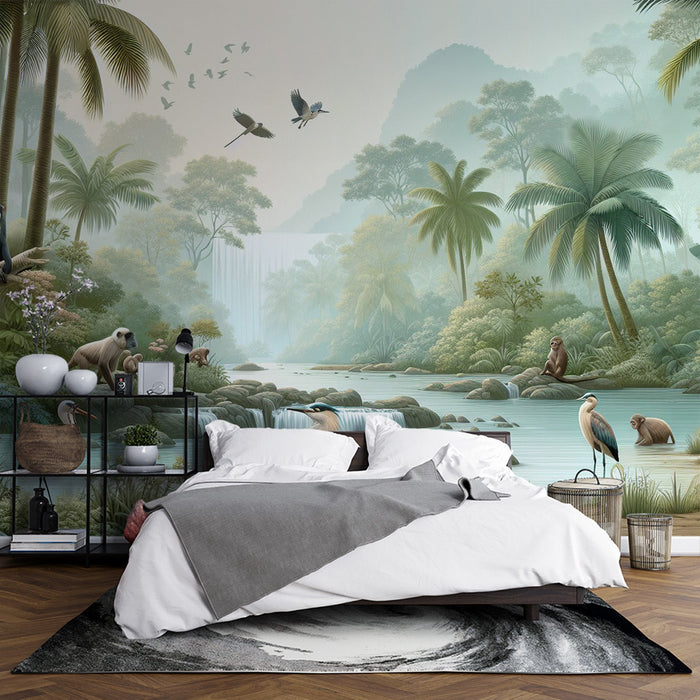 Tropical Mural Wallpaper | Palm Trees, Waterfalls, and Various Animals