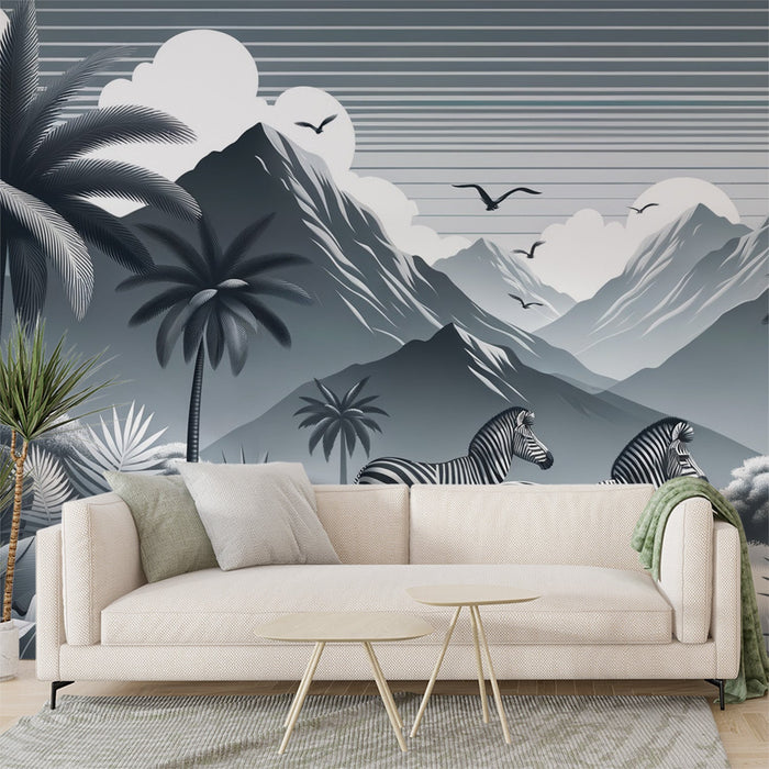 Papel pintado tropical | Palmas, montañas, cebra con cielo a rayas