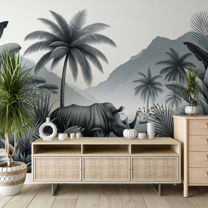 Tropical Mural Wallpaper | Palm Trees, Rhinoceros, and Zebra in Mountainous Setting