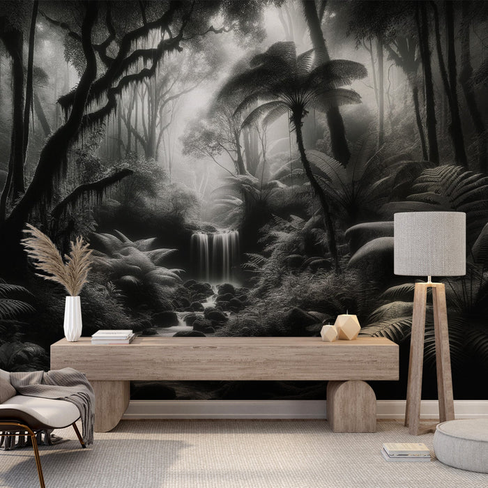 Black and White Tropical Mural Wallpaper | Cascade with Large Tropical Ferns