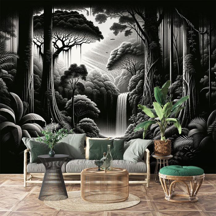 Papel pintado tropical en blanco y negro | Cascada oscura en los trópicos