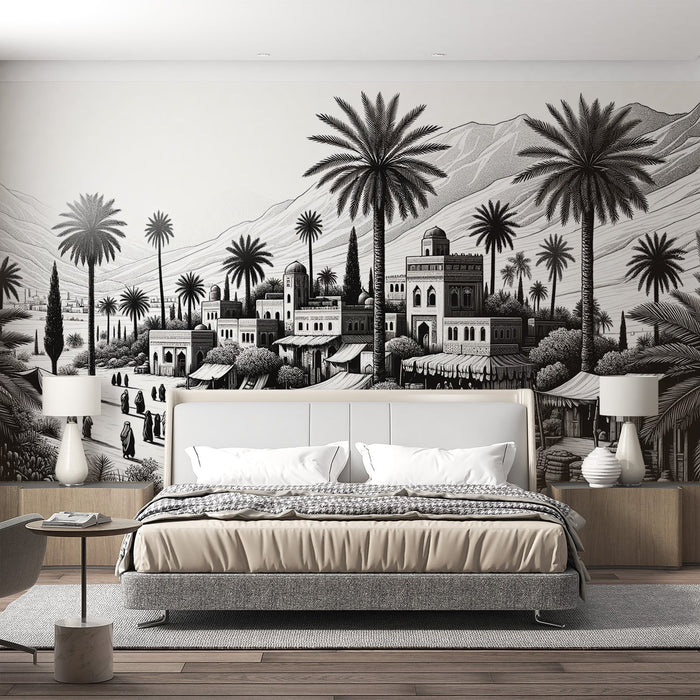 Black and White Tropical Mural Wallpaper | Tropical Desert with Mountainous Relief