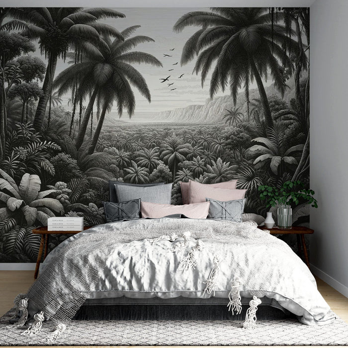 Papel pintado tropical en blanco y negro | Bosque de palmeras montañosas