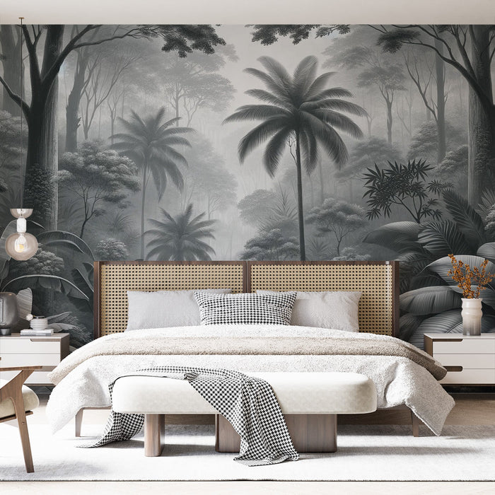Papel de parede mural preto e branco | Floresta tropical com palmeiras e bananeiras