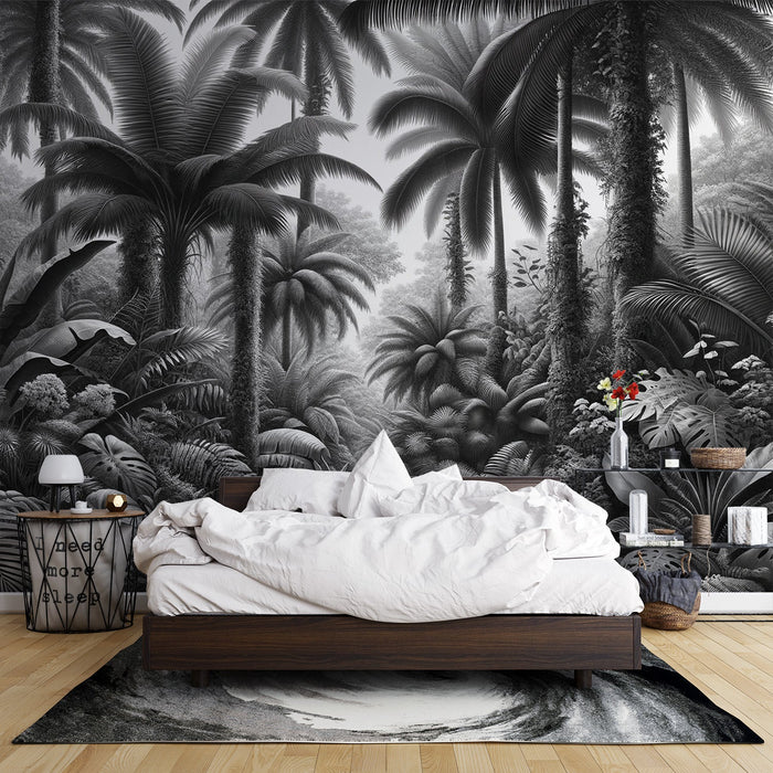 Mustavalkoinen trooppinen seinätapetti | Trooppinen metsä korkeine puineen ja massiivisine palmuineen
