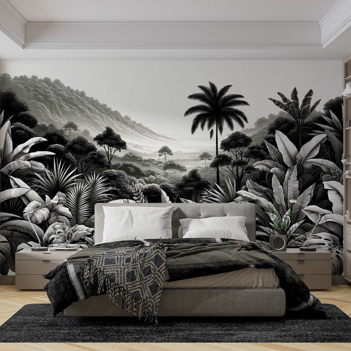 Zwart-wit tropisch foto behang | Monstera, palmbomen, bos en bergachtige reliëf