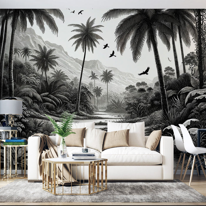 Black and White Tropical Mural Wallpaper | Mountain and Tropical River with Birds