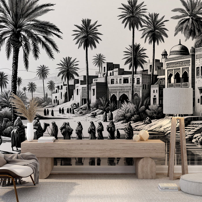 Black and White Tropical Mural Wallpaper | Oasis in the midst of a Tropical Desert