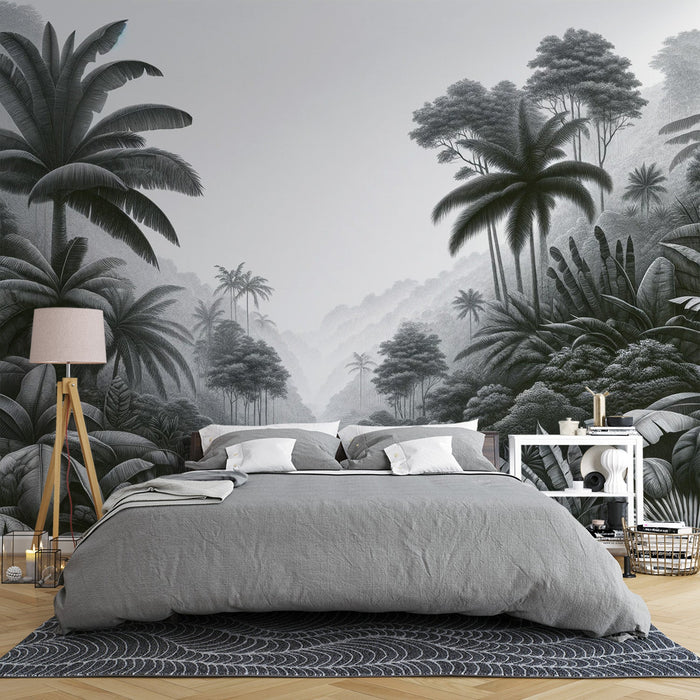 Zwart en Wit Tropisch Foto Behang | Massieve Palm Bomen en Gebladerte in een Vallei