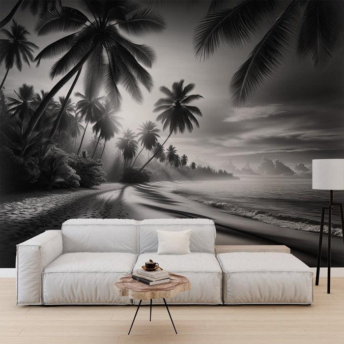 Zwart-witte tropische foto behang | Tropisch strand met fijn zandstrand