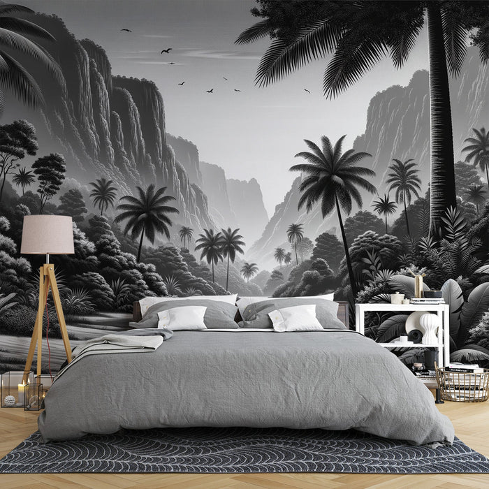 Black and White Tropical Mural Wallpaper | Serene River in the Tropical Mountains