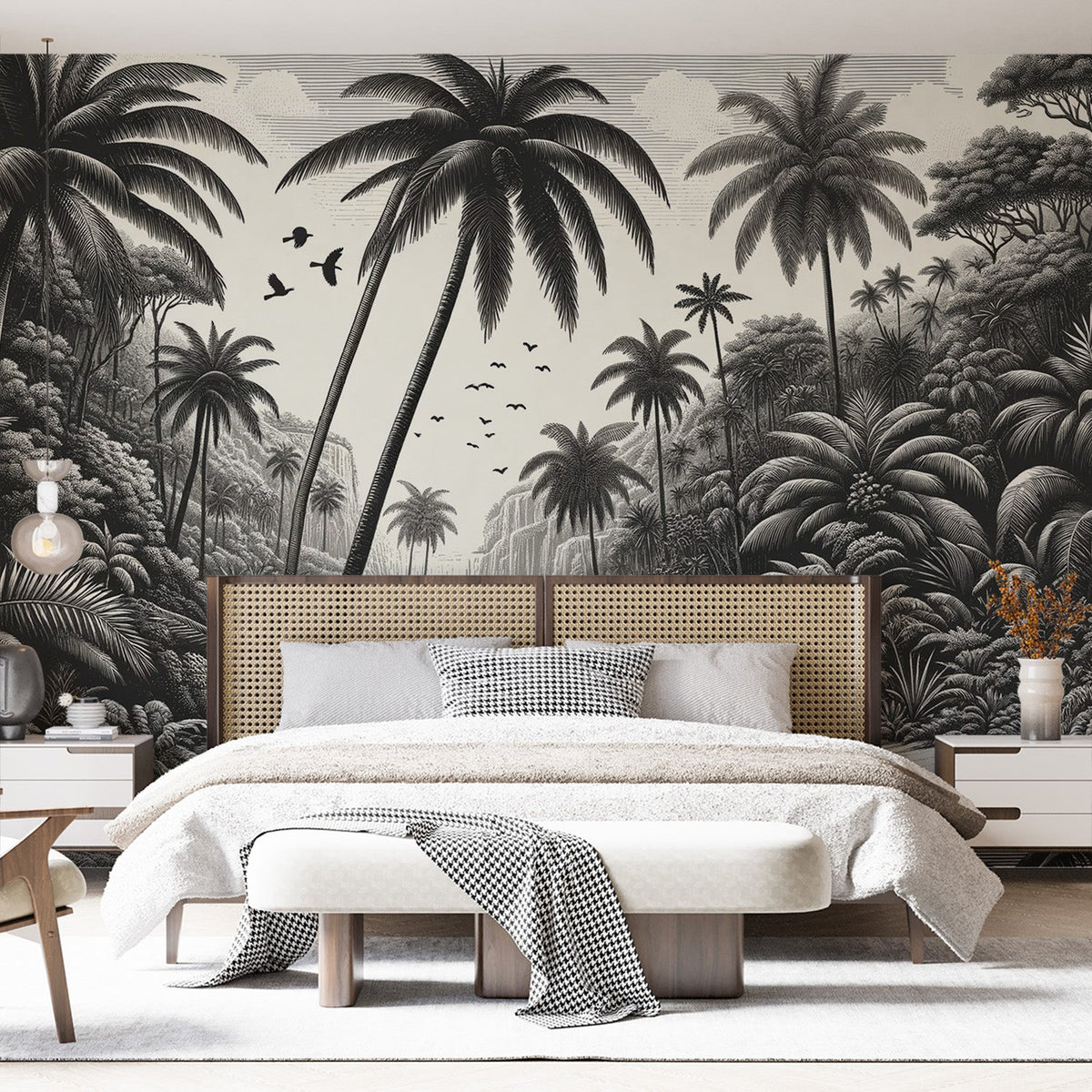 Tropical Mural Wallpaper | Black and White Paradise Scene
