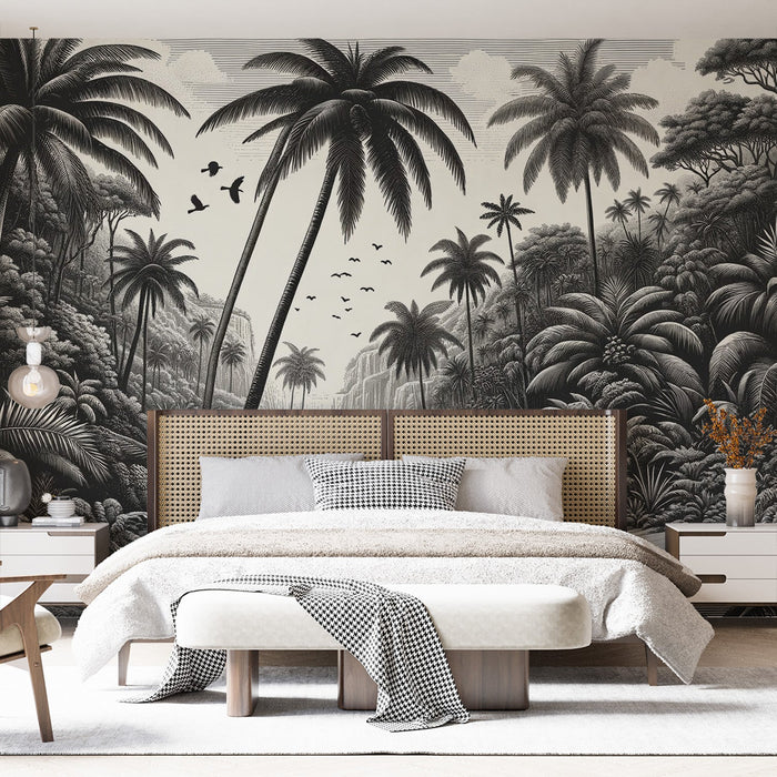 Papel de parede preto e branco tropical | Rio e pássaros em trópicos maciços