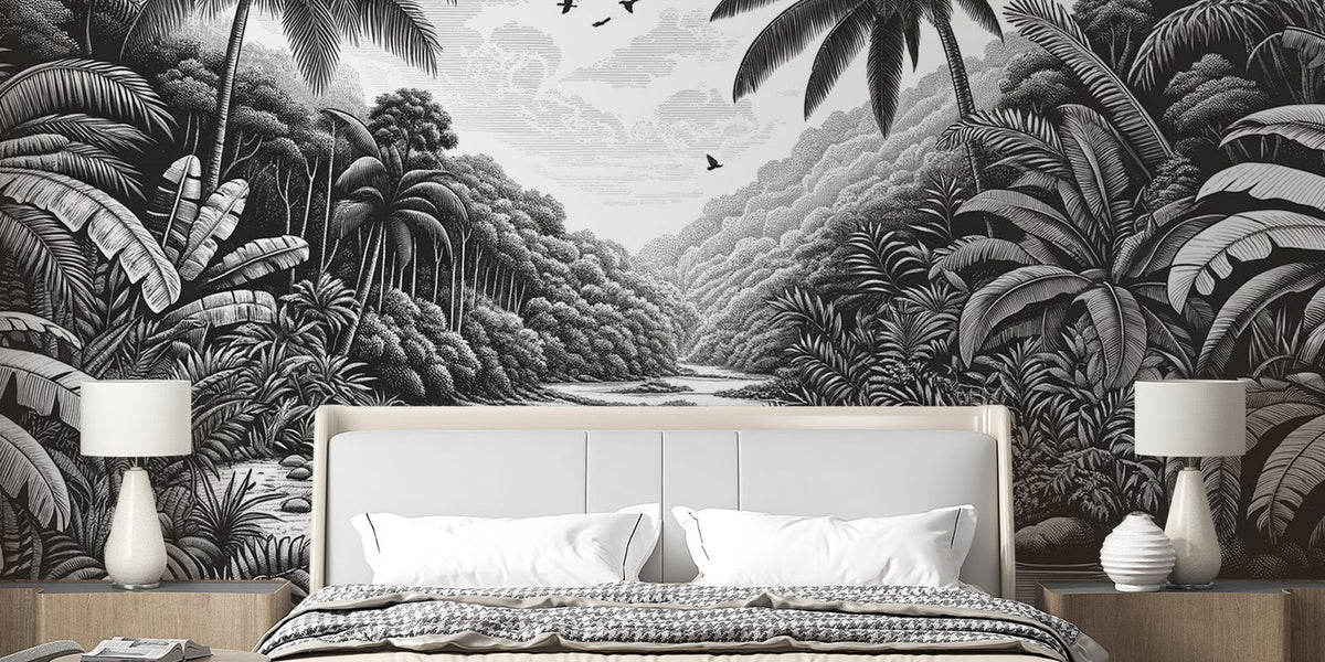 Tropical Mural Wallpaper | Black and White Paradise Scene main image 1