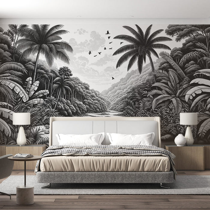 Mustavalkoinen trooppinen seinämaalaus | Massiivinen lehtivihreä laakso ja trooppiset puut