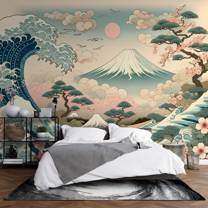 Japanese Wave Mural Wallpaper | Mount Fuji and White Japanese Cloud