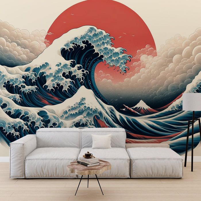 Japanese Wave Mural Wallpaper | Red Sun Background with White Clouds