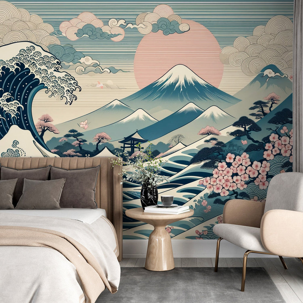 Japanese Mural Wallpaper | Cherry Blossom Temple With Mountain Lake main image 1