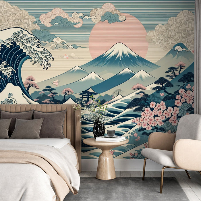 Japanische Welle Mural Wallpaper | Berg Fuji und rosa japanische Kirschblüte
