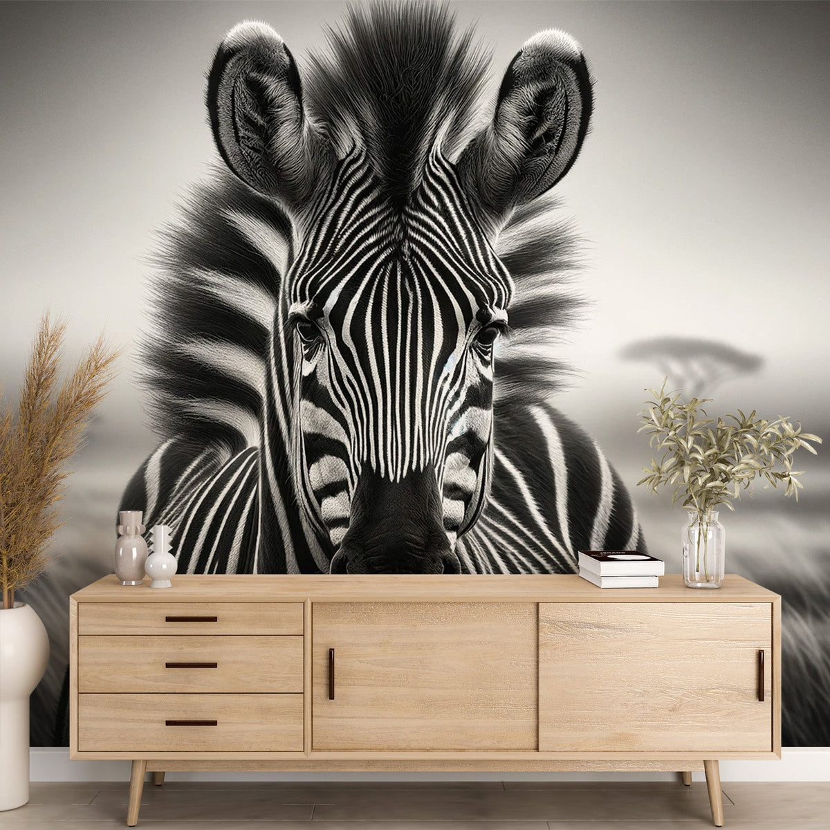 Zebra Mural Wallpaper | Facing Forward in the Savannah — WonderMural
