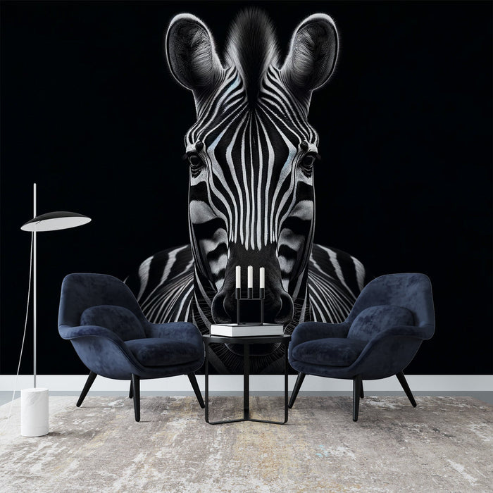 Zebra Foto Behang | Vooruitkijkend op een zwarte achtergrond