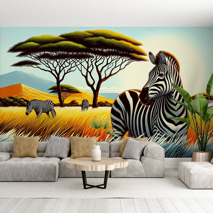 Zebra Mural Wallpaper | Impressive Colorful Savannah Print