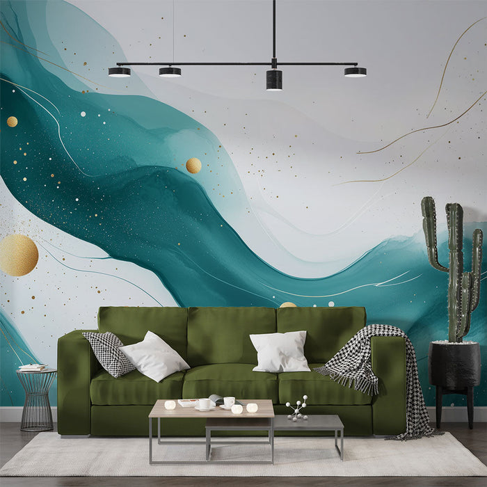 Mural Wallpaper abstract aqua | Golden shine and artistic fluidity