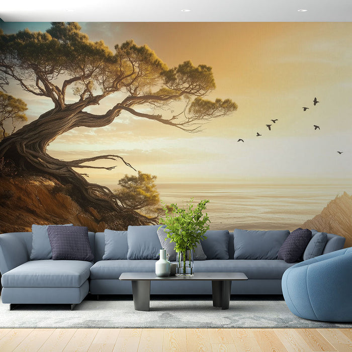 Tapetti rannikon maisema | Kiertynyt puu ja auringonlasku