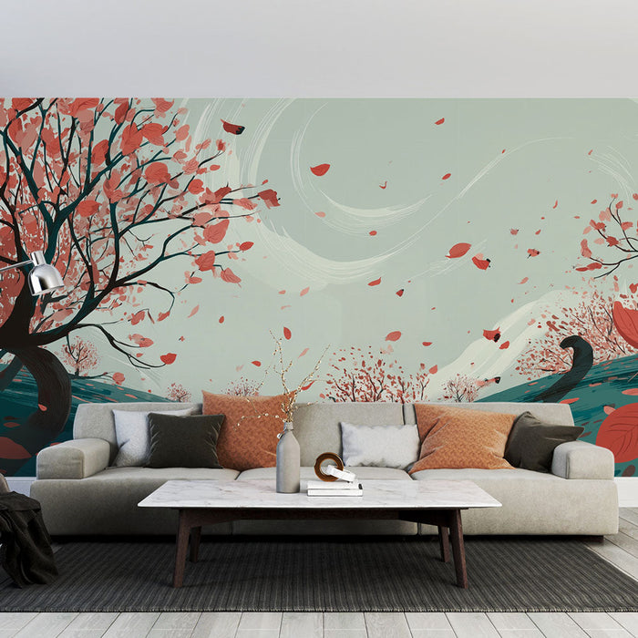 Tapeta jesiennego krajobrazu | Drzewa i wirujące liście