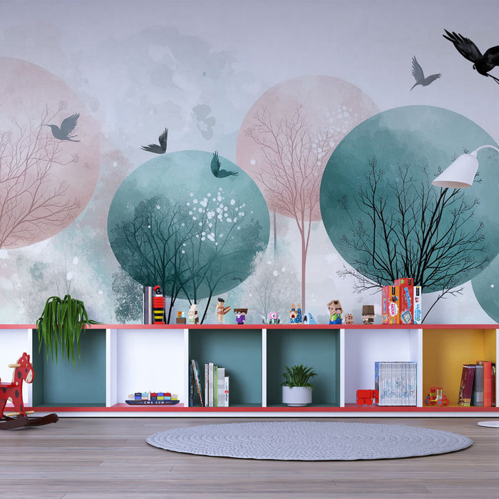 Carta da parati murale natura pastello | Alberi e uccelli in armonia