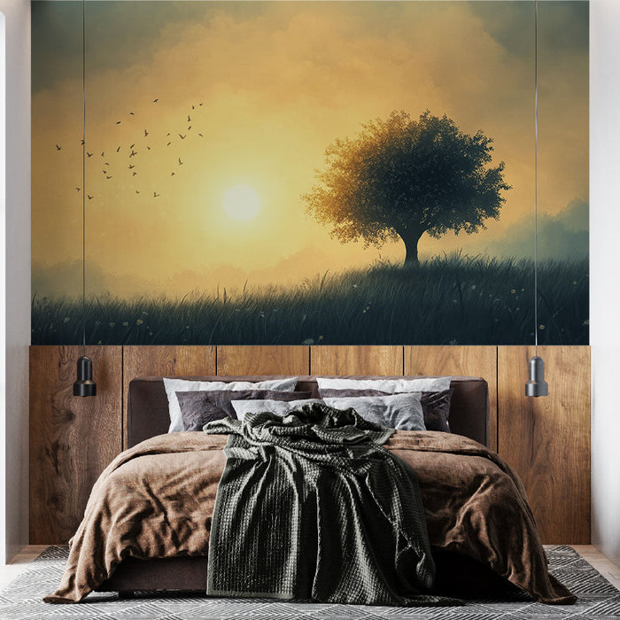 Tapeta samotne drzewo | Krajobraz o wschodzie słońca