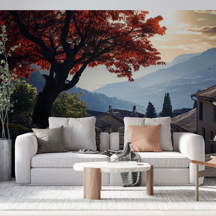 Tapeta gorska krajina | Rdece drevo in slikovite hise