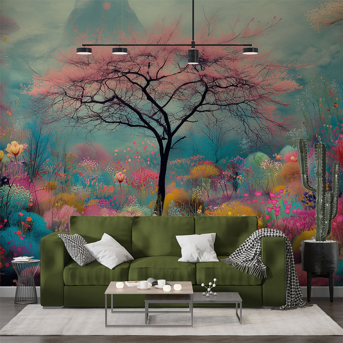 Papel pintado paisaje de cuento de hadas | Árbol rosa y flores brillantes