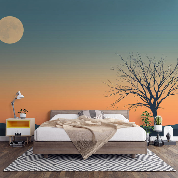 Tapeta usamljeno-stablo | zalazak sunca s punim mjesecom