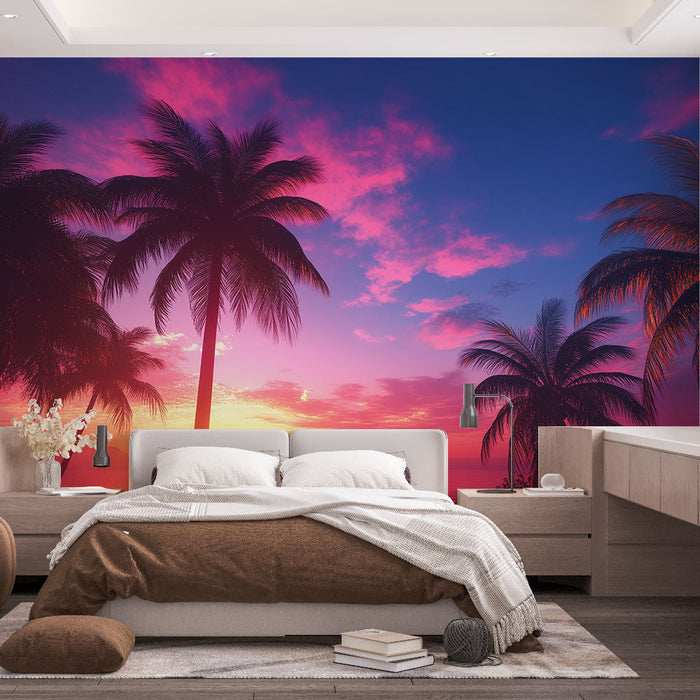 Falfestmény tapéta trópusi naplemente | Pálmák és színes égbolt