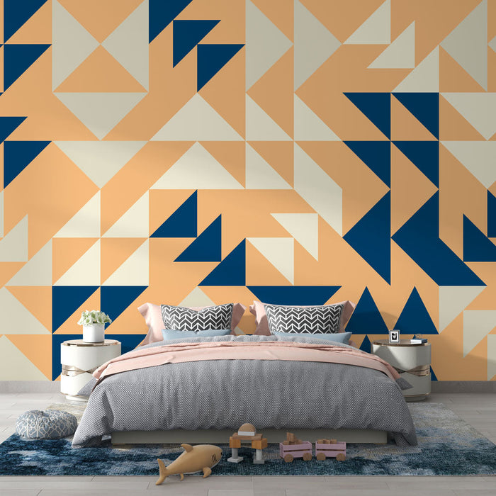 Ταπετσαρία τοίχου | Μπεζ και μπλε τρίγωνο σε ροδακινί φόντο