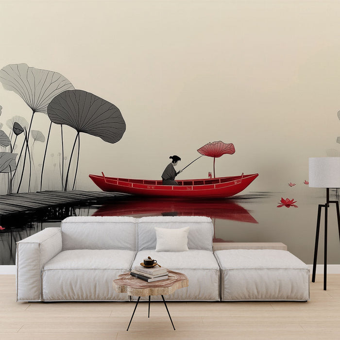 Papel de parede zen | Passeio de barco vermelho no lago de lótus