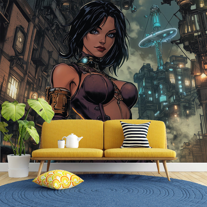 Papel pintado steampunk | Mujer y ciudad futurista