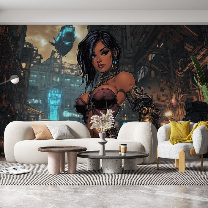 Tapeta steampunk | Kyborg žena ve futuristickém průmyslovém světě