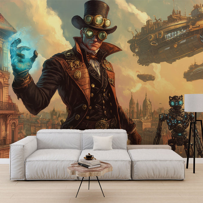 Tapete steampunk | Retro-futuristische Stadt mit Charakter und Roboter
